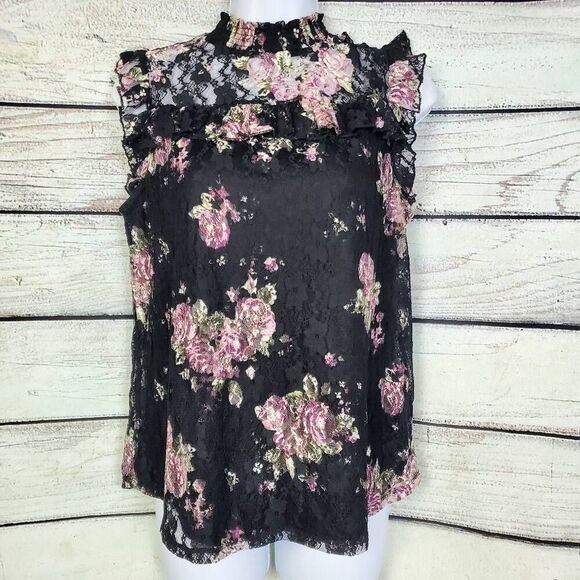 Crave Fame by Almost Famous Women’s Large Black Floral Lace Sleeveless Ruffle Bl - Picture 1 of 7